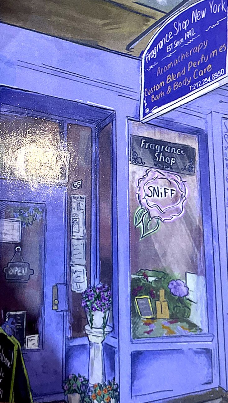 Hand-drawn illustration of the Fragrance Shop storefront, from the shop's business card